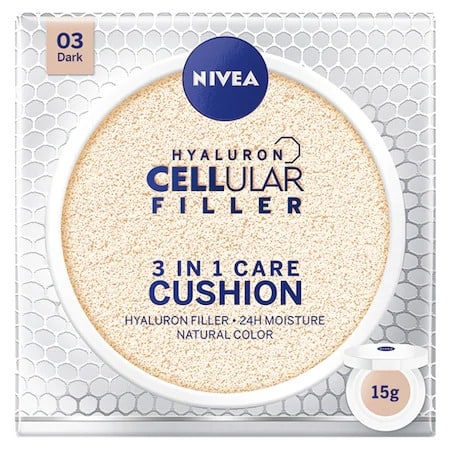 Cel mai bun fond de ten cu proprietăți anti – alergice: Crema coloranta Nivea Hyaluron Cellular Filler 3-in-1 Care Cushion 03 Dark